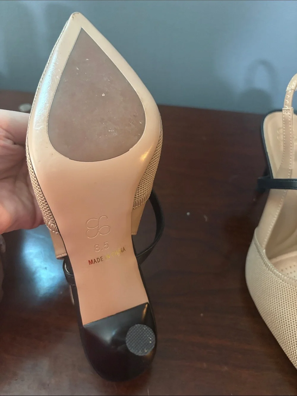 Pointed Slingback Mules in Tan with Black Strap